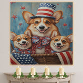 Mother Corgi Dog and Three Puppies in Patriotic Hats and Bows with American Flag Accents on Ready to Hang 1.5" Thick Canvas Wrap, Floating Framed Canvas, Flat Rolled Canvas